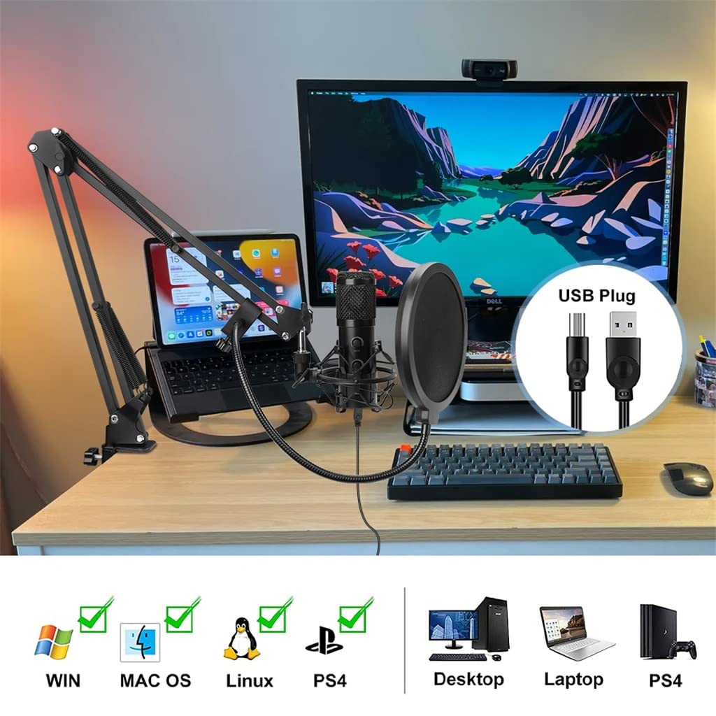 MRKU Micrófono de Condensador USB para computadora Micrófono de Condensador cardioide con Brazo de Metal Ajustable para grabación de Juegos