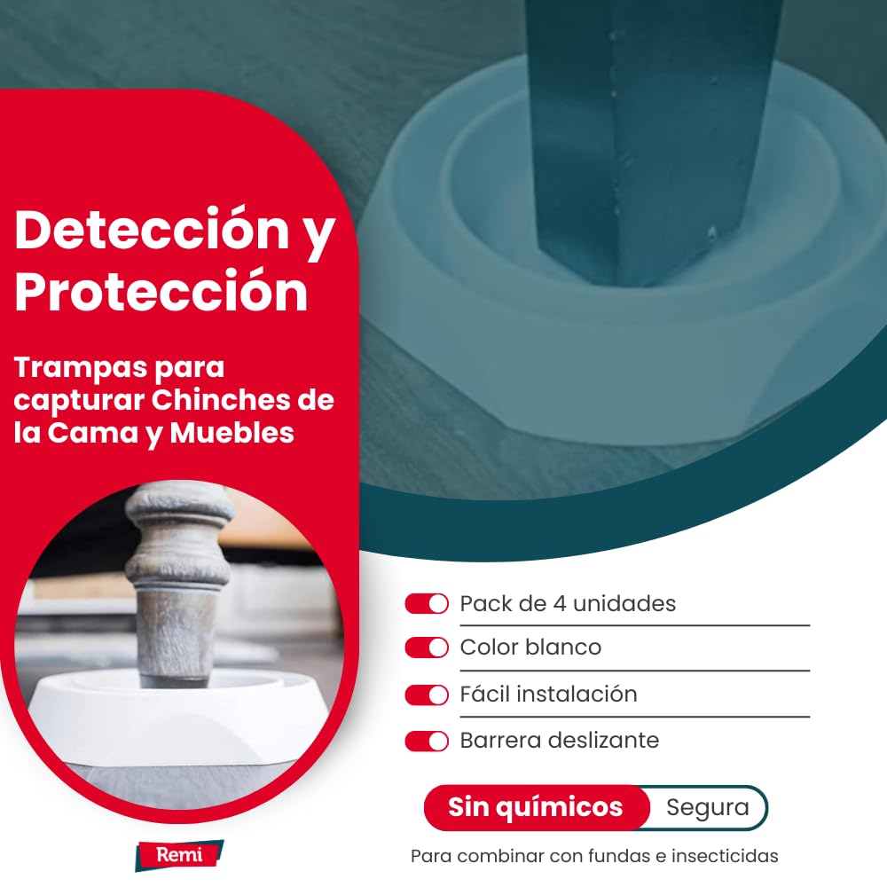 Remi Hogar Trampas para capturar Chinches de la Cama y Muebles | Pack de 4 Trampas | Eficaz para Eliminar y Evitar Las Chinches sin químicos | Detección y protección para Camas y Muebles