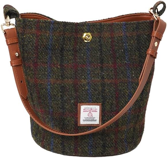 Harris Tweed Bucket bag Shoulder bag Handbag for Women with Microfiber-leather Strap,9.8 * 8.6 * 7 inch