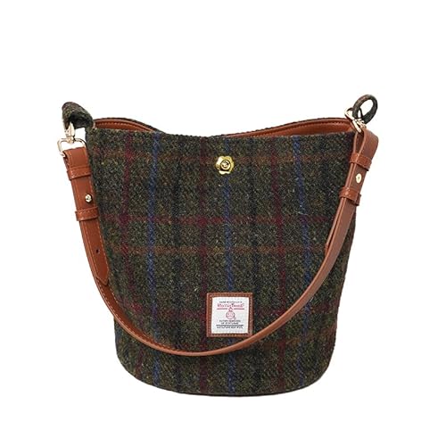 Damen-Umhängetasche/Handtasche aus Harris Tweed, Beuteltasche mit zwei Leder-Trägern, Barcelona