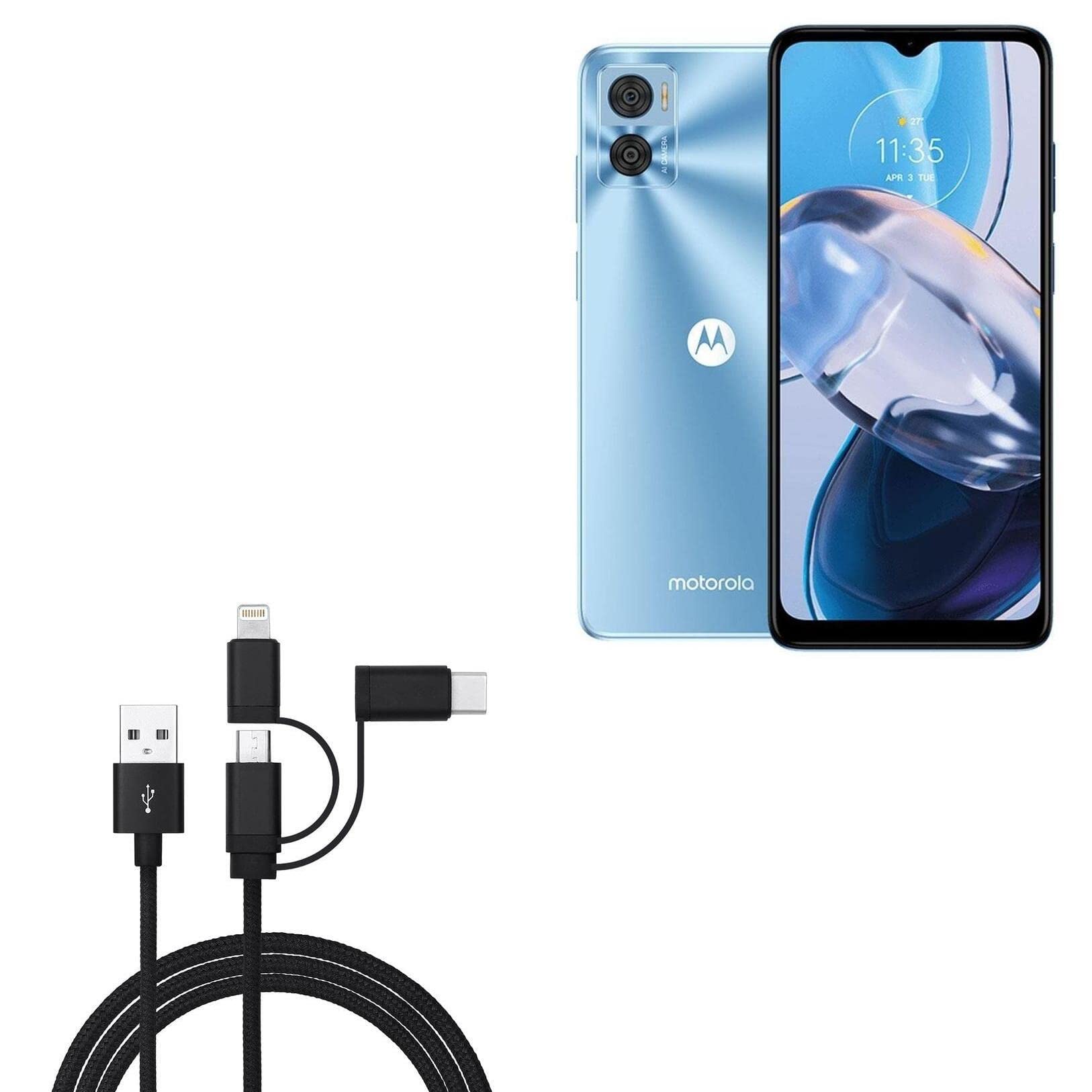 BoxWave Cable Compatible with Motorola Moto E22 - AllCharge 3-in-1 Cable for Motorola Moto E22 - Jet Black