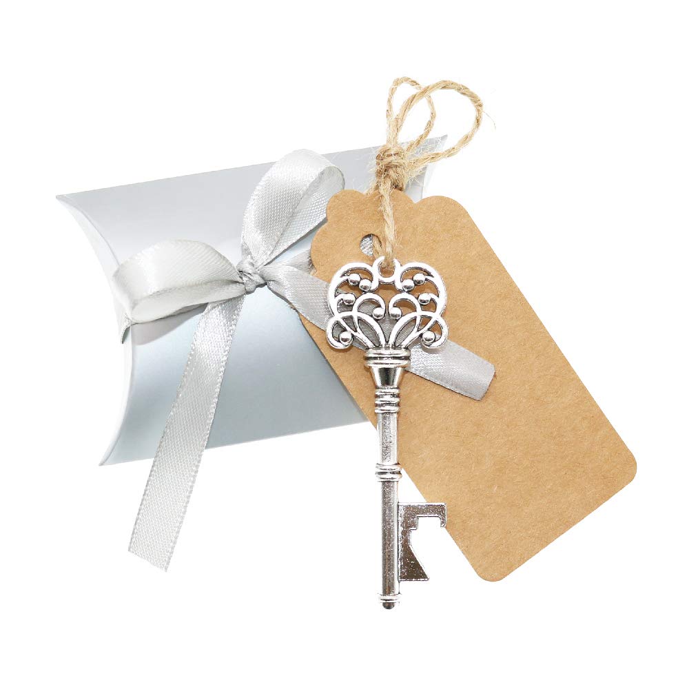 BITEYI 30 Pcs Wedding Favour Skeleton Key Bottle Opener with Tag Cards and Candy Box,Souvenirs for Wedding and Party (Silver 2)