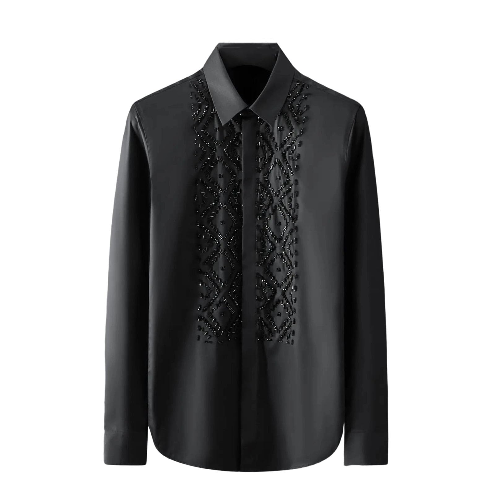 Mens Long Sleeve Beaded Shirt Summer Slim Casual Business Dress Social Party Banquet Top