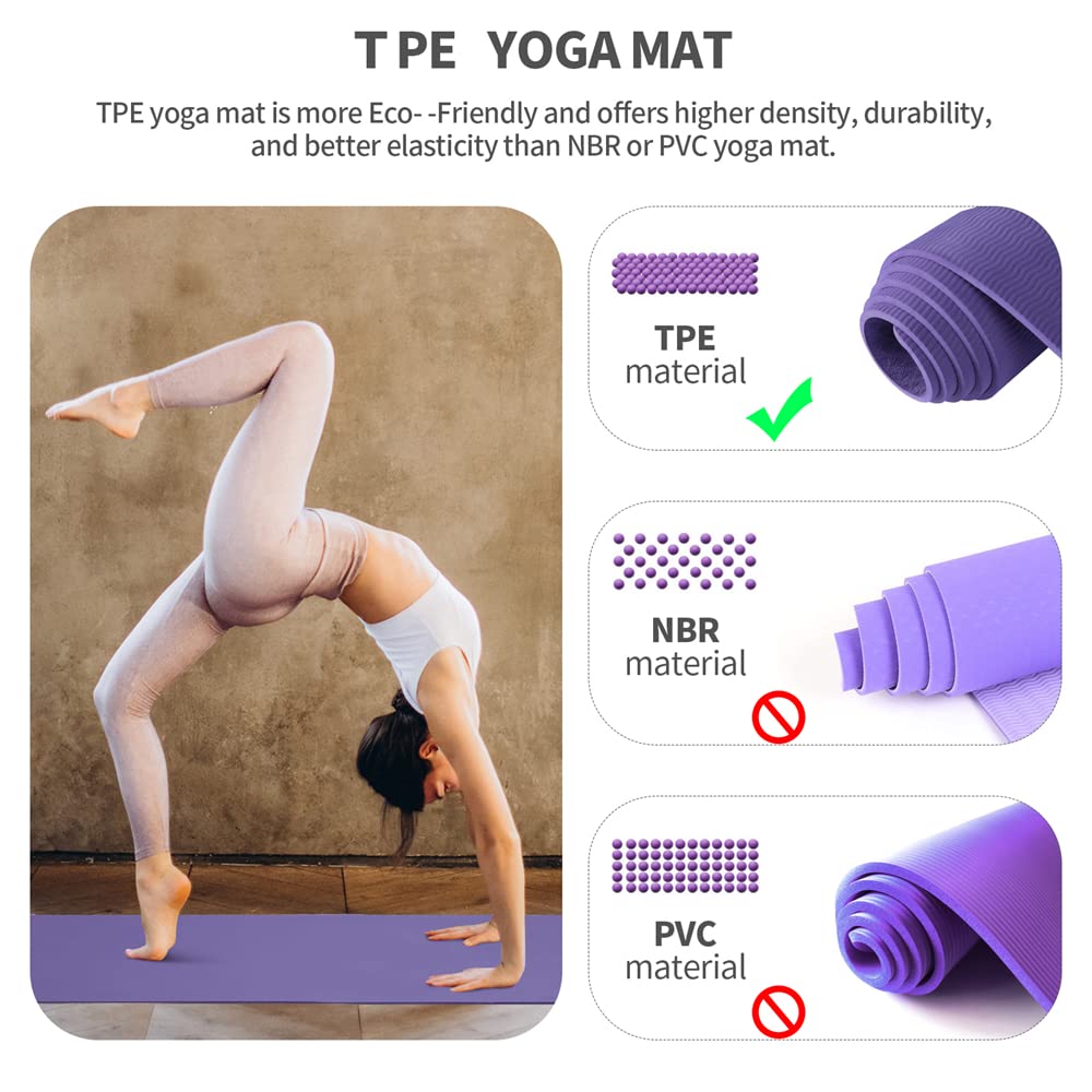 Tapis De Yoga TPE 6mm - 183x61cm - Antidérapant Double Face - Avec Sangle De Transport - 10 Couleurs