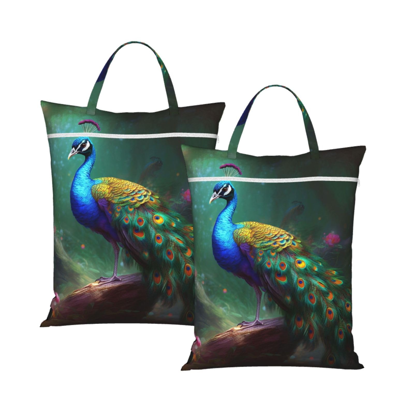 Large Travel Laundry Bags,Colorful Peacock Print with Handle Foldable Laundry Bag for Holidays Gym Swimming and Family Trips, 2Pcs