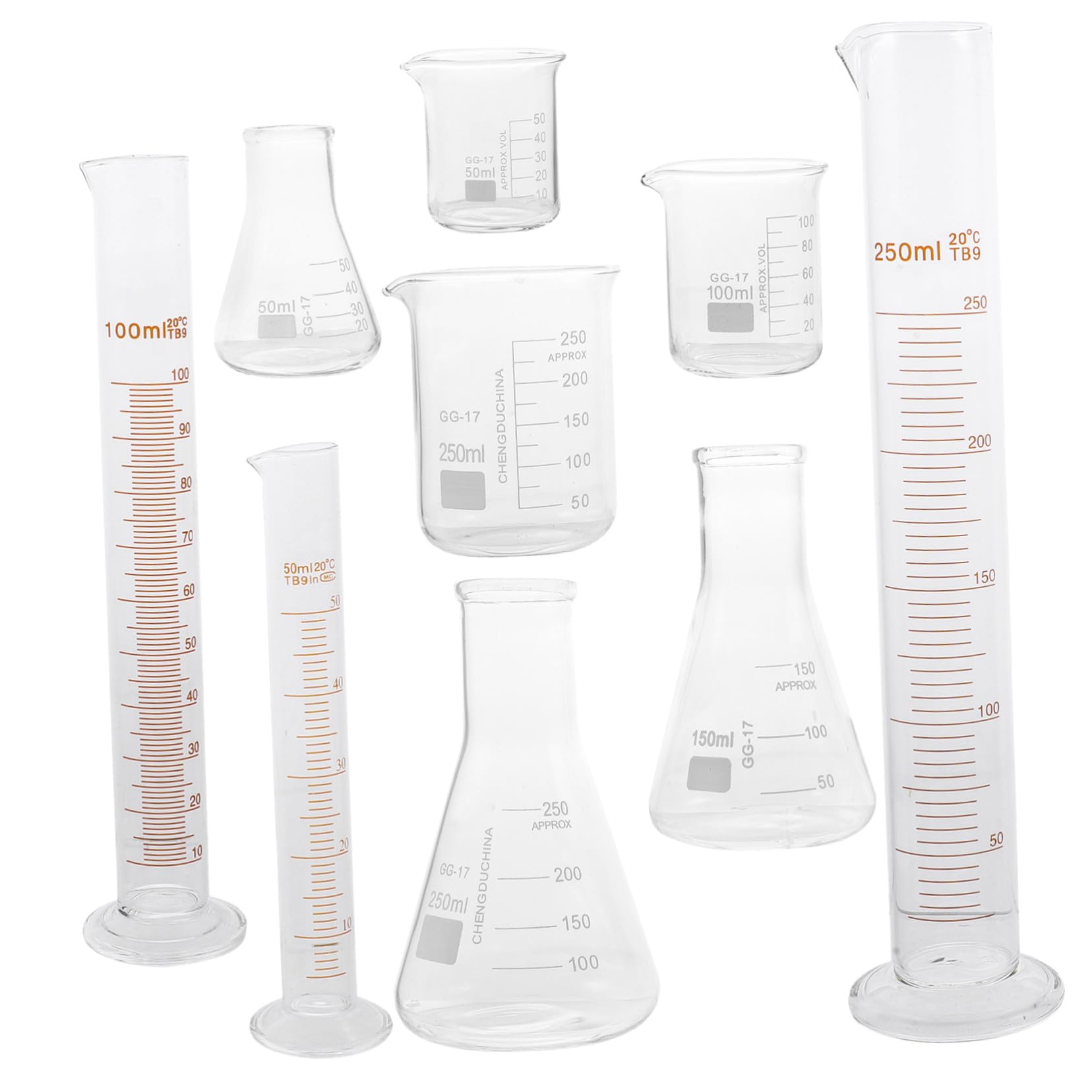 Set di 9 Pezzi di Vetro Scientifico per Laboratorio Cilindri Graduati e Becher in Materiale Sintetico da 50ml a 250ml per Misurazioni Accurate in Ambito Educativo