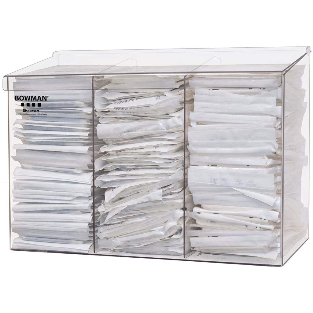 Bulk Dispenser - Triple Holds Individually Packaged sterile Gloves or Miscellaneous Items in Bulk 3 compartments Top Loading and Dispensing Keyholes for Wall mounting Dims: 5.86”L x 17.8”W x 11.5”H