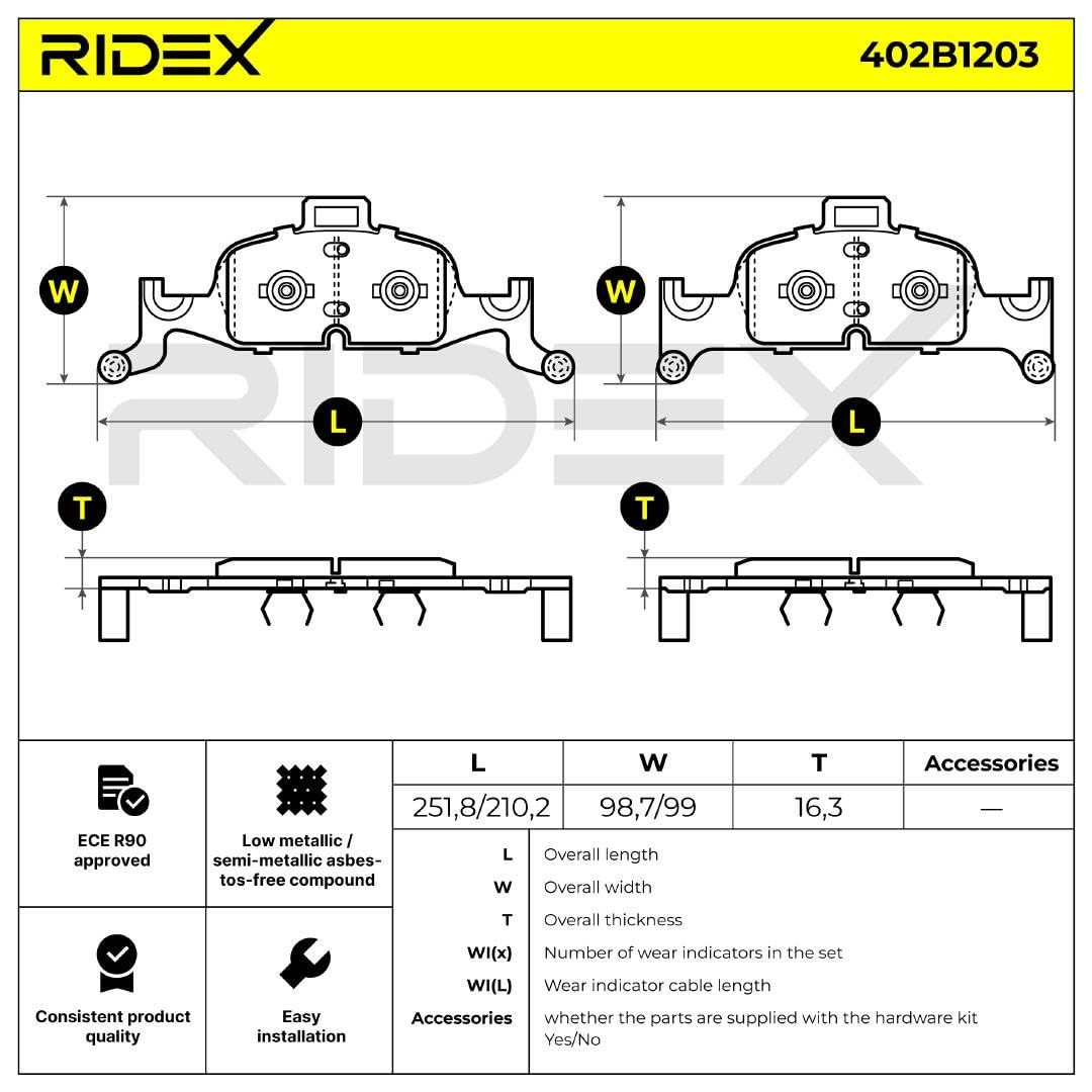 Zestaw Klocków Hamulcowych RIDEX 402B1203 przód Kompatybilny z AUDI Q5 Van FYB, FYG A7 Sportback 4KA A6 C8 Allroad 4AH A6 Sedan 4A2, C8 A5 Cabrio F57