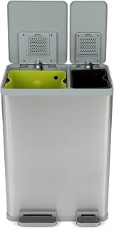 SIMPLI-MAGIC 16 Gallon (38L x 22L) Dual Compartment Step Trash Can – Kitchen Garbage Can with Waste & Recycling Bins – Slow-Close Lid, Odor Control, Hands-Free, Inner Bases, Brushed Stainless Steel