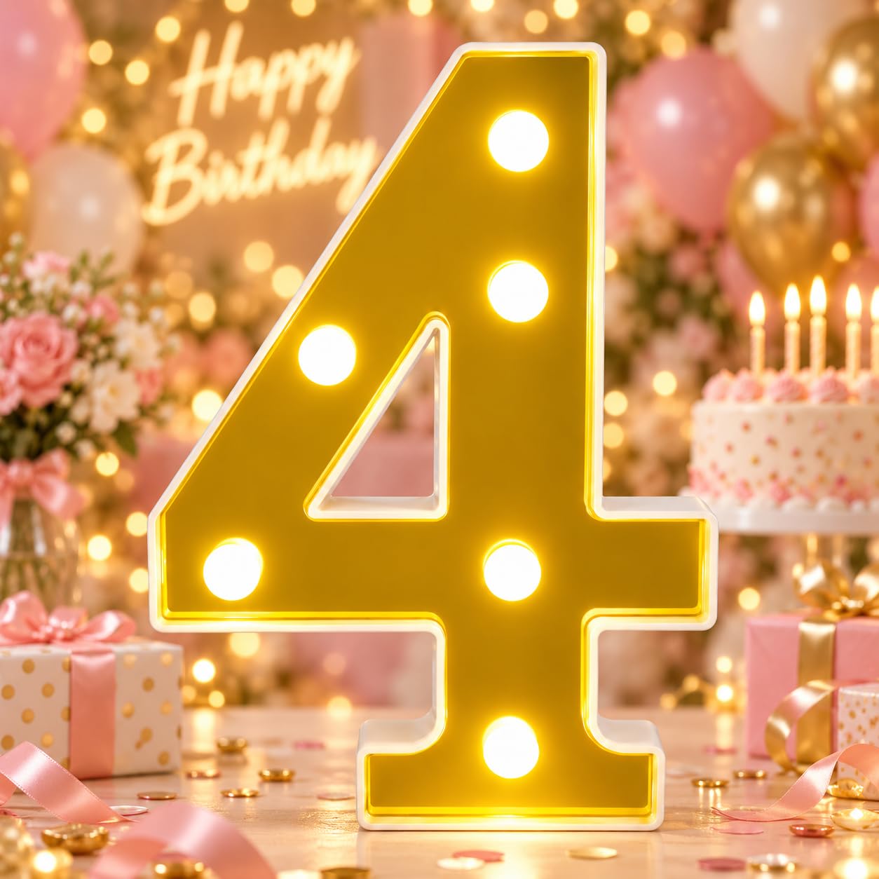 Gold Mirror Light Up Number 4, Warm White LED Birthday Decoration