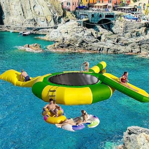 Water Trampoline Park for Lake,Inflatable Bounce Swimming Jumper Platform with Slide/Tube and Diving Pillow Bag,Water Float Jumper for Adults and Kids (10FT-Yellow&Green)