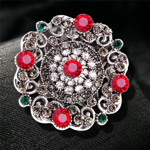 Image of Antique Round Rhinestone Brooch Pin for Women Girls Vintage Baroque Red Green Crystal Boho Style Brooches Lapel Pins Elegant Dress Accessories Christmas Wedding Festival Ornament Jewelry Gift