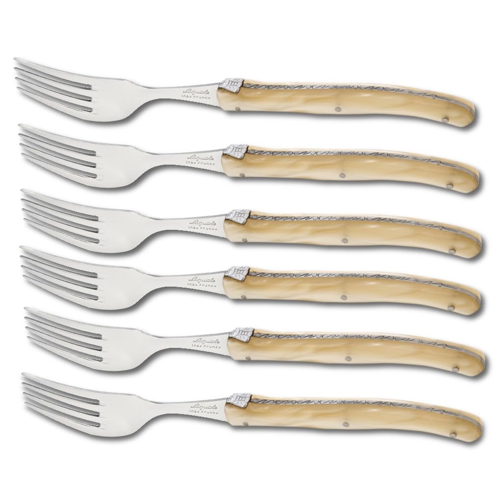 Coffret de 6 fourchettes laguiole manche en acrylique nacré champagne