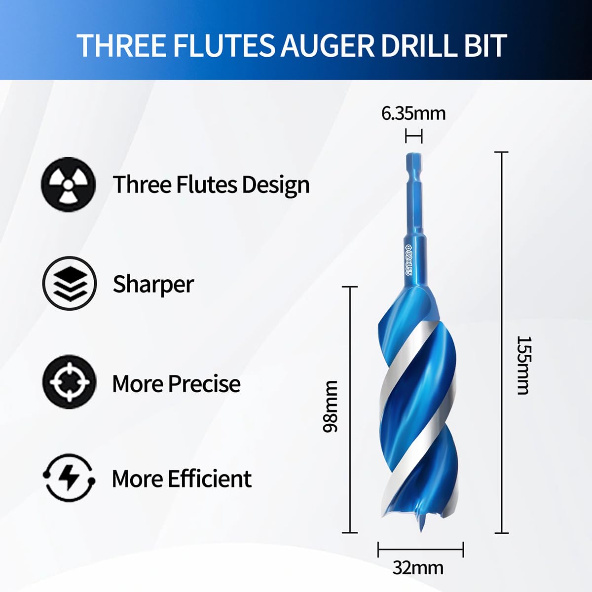 Teronbeta Wood Drill Bit 32mm x 155mm Professional 1/4 Inch Hex Shank Brad Point Auger Drill Bits for Wood - Image 2