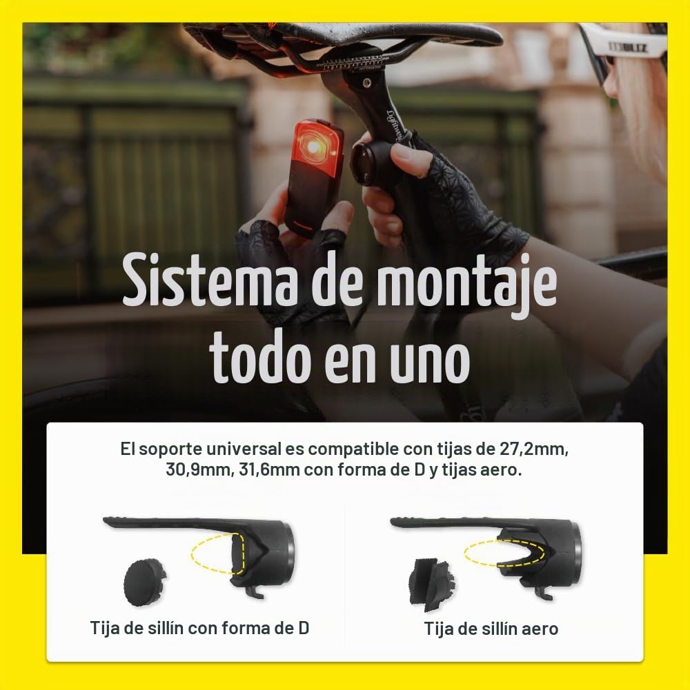 Bryton GARDIA R300L - Radar de bicicleta con luz trasera, alertas visuales y audibles para vehículos de hasta 207 yardas de distancia, ángulo de visión de 220°, compatible con pantalla de aplicación