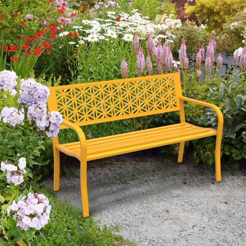 Bonnlo Banc de Jardin en Métal 127 cm, Design Floral, Banc Extérieur 2-3 Places, Résistant aux Intempéries, Charge 250 kg - Jaune