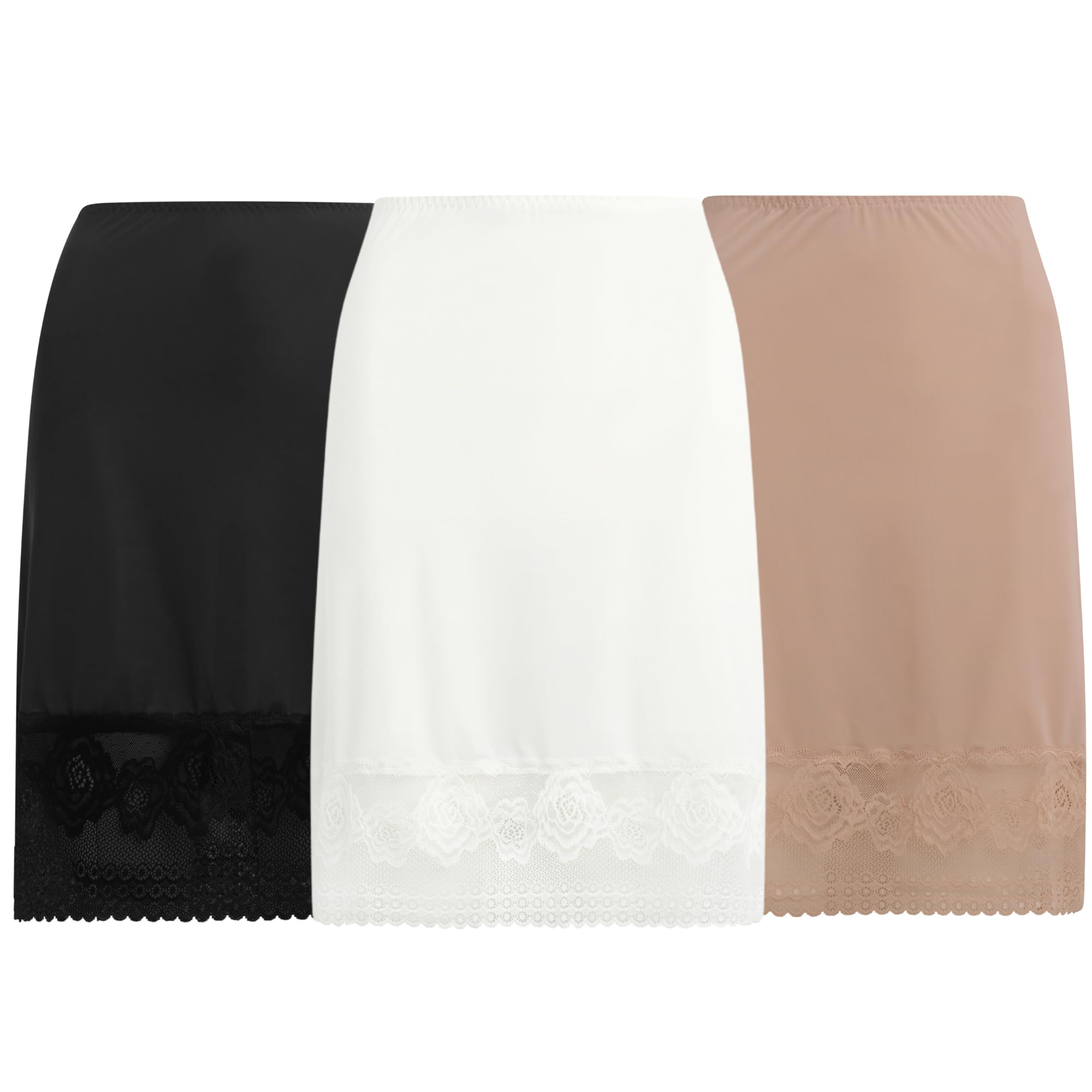 Free to Live 3 Pack Women's Half Slip with Floral Lace, Above the Knee Length Underskirt - Extender