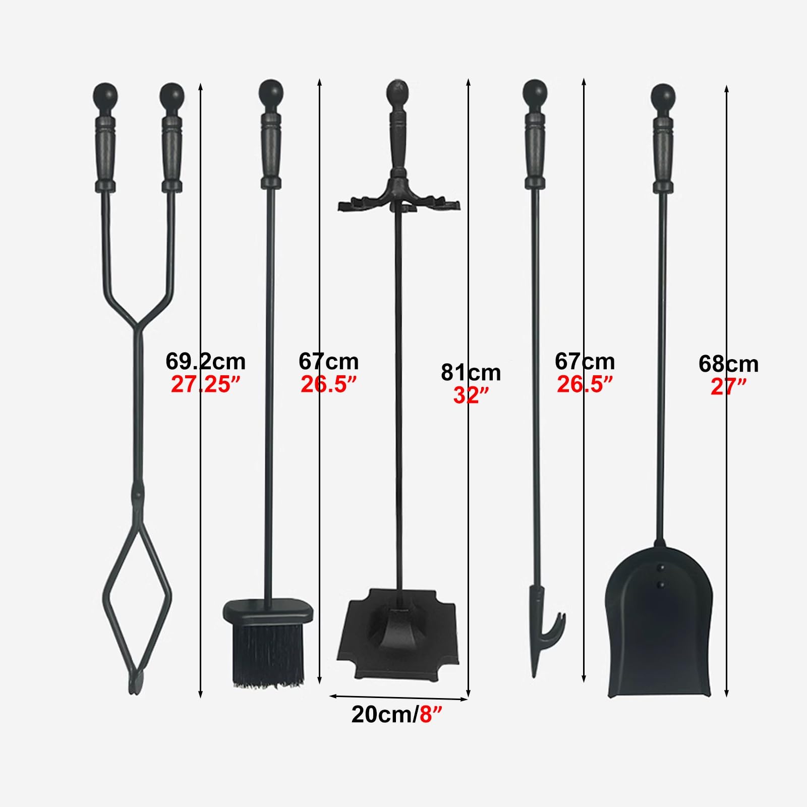 Set di attrezzi per caminetto con base di supporto, kit di accessori per camino, con spazzola, pala, pinza e attizzatoio in ferro battuto, con rastrelliera per camini grandi
