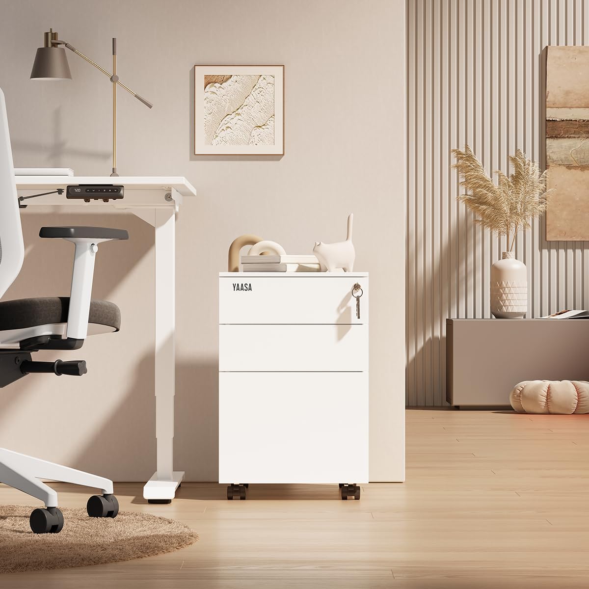 Yaasa File Cabinet Meuble de bureau à roulettes en acier avec 3 tiroirs verrouillables (blanc, standard)