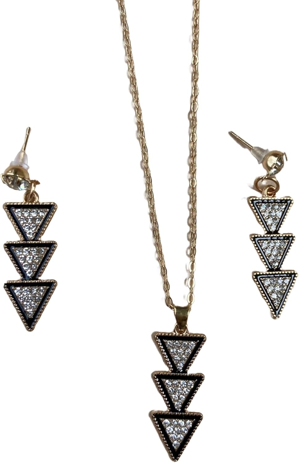 Sterling Silver Geometric Triangle Necklace and Earring Set, Black Crystal Cubic Zirconia Stud Earrings, Dainty Women's Jewelry