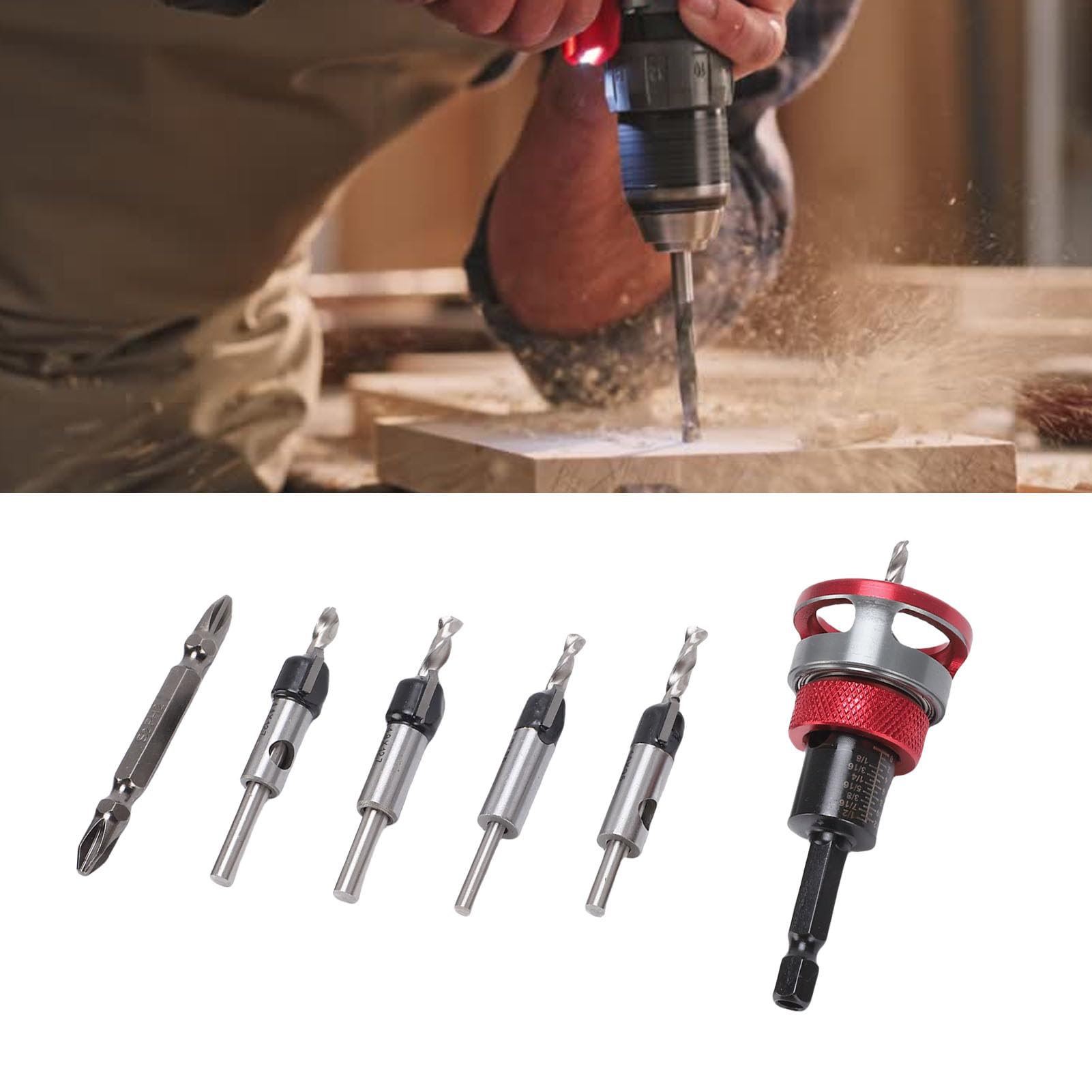 Luocute Juego de Brocas Avellanadoras, 4 Piezas Brocas Cónicas M2 de Acero Al Carbono con Tope de Profundidad Ajustable Vástago Hexagonal de 6,5 Mm, Avellanadoras para Madera,