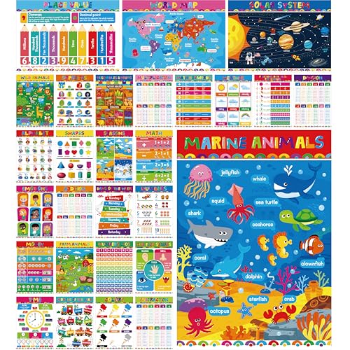 Image of 28 Educational Posters for Kids, All-in-One Set Learning Posters-Alphabet, Animals, Multiplication Chart, USA, World Map, Shapes, PET Film Coated School Supplies For Kindergarten, Preschool, Classroom