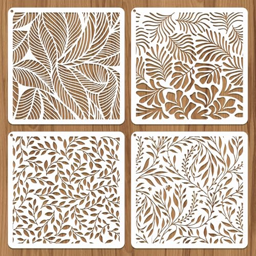 JSRQT 4 Pezzi Grandi Stencil per Pittura a Foglia, Modello di Decorazione di Texture, Stencil in Plastica Riutilizzabili per Disegno e Pittura, per Mobili Tela Legno Vetro, 30×30 CM