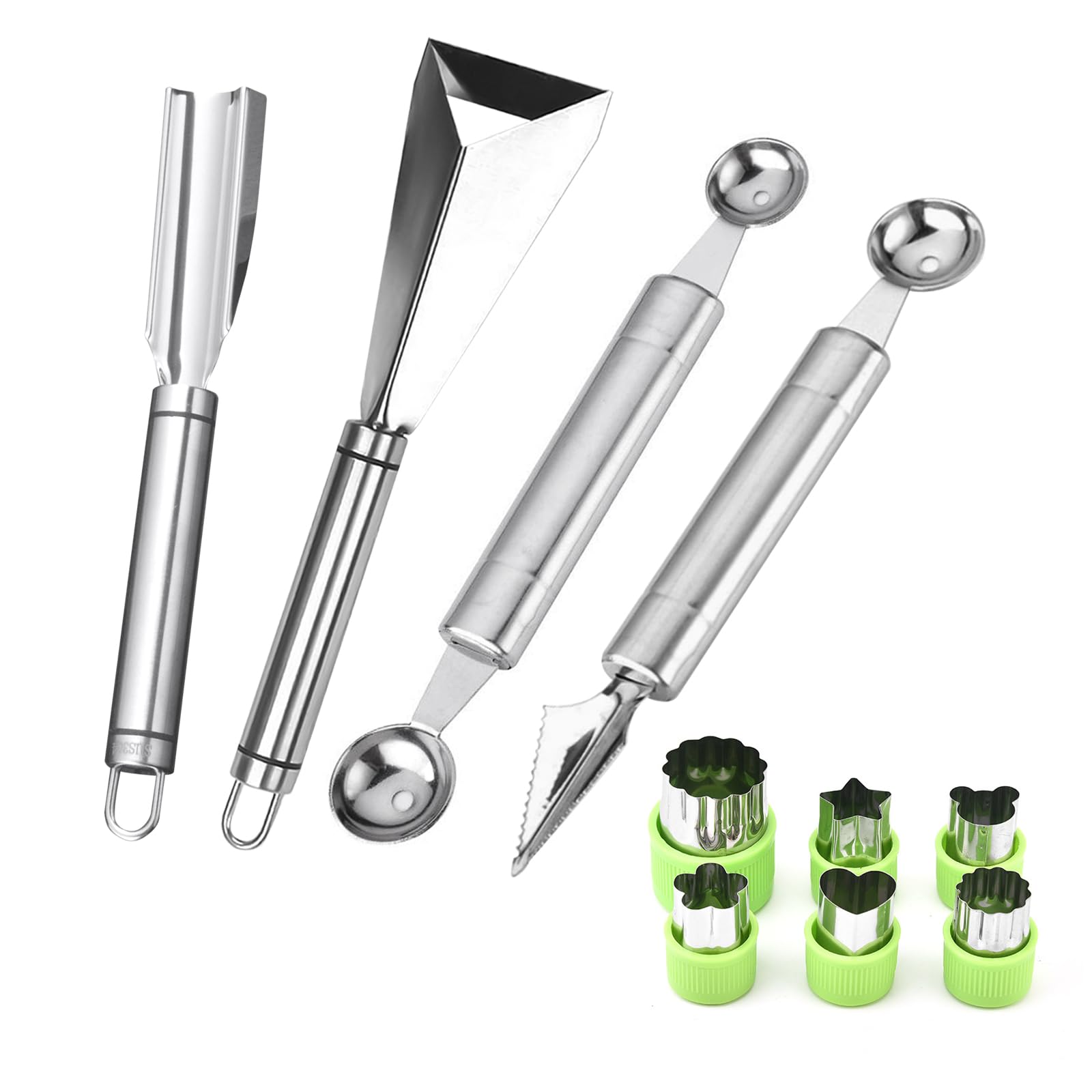 Fruit Carving Tools Set of 10 - Stainless Steel Vegetable Carving Knife, Melon Baller Scoop, Cutter Shapes Mold, DIY Knives for Home Kitchen
