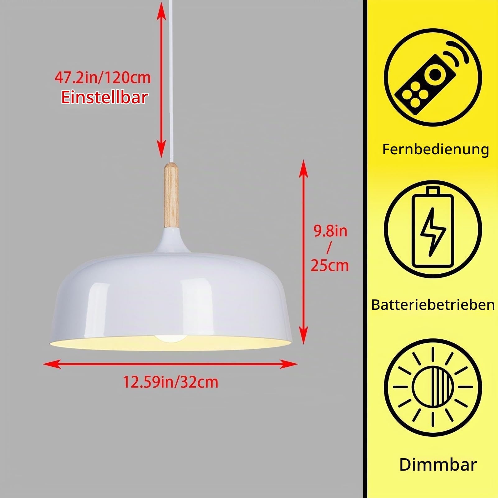 Akku Hängelampe Mit Batterie,Ohne Stromanschluss Wiederaufladbar Pendelleuchte Mit Fernbedienung Pendellampe Batteriebetrieben,7-Farbkonvertierung Für Kücheninsel Nachttisch Schlafzimmer(White)