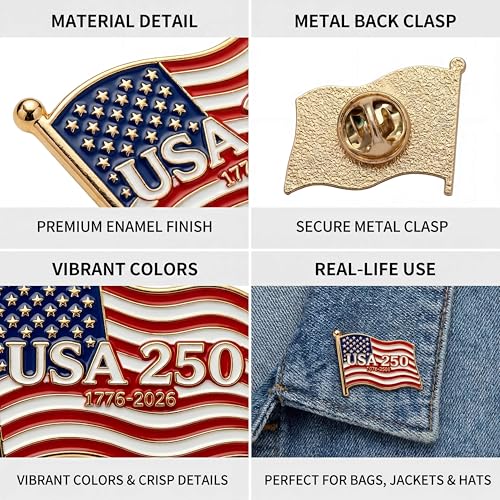Image of SOWPOPY 250 Anniversary USA Flag Lapel Pins, America 250th Enamel Pin for Men Women Hats Shirts, 250th Anniversary Merchandise Bulk for Patriot Independence Day Gifts