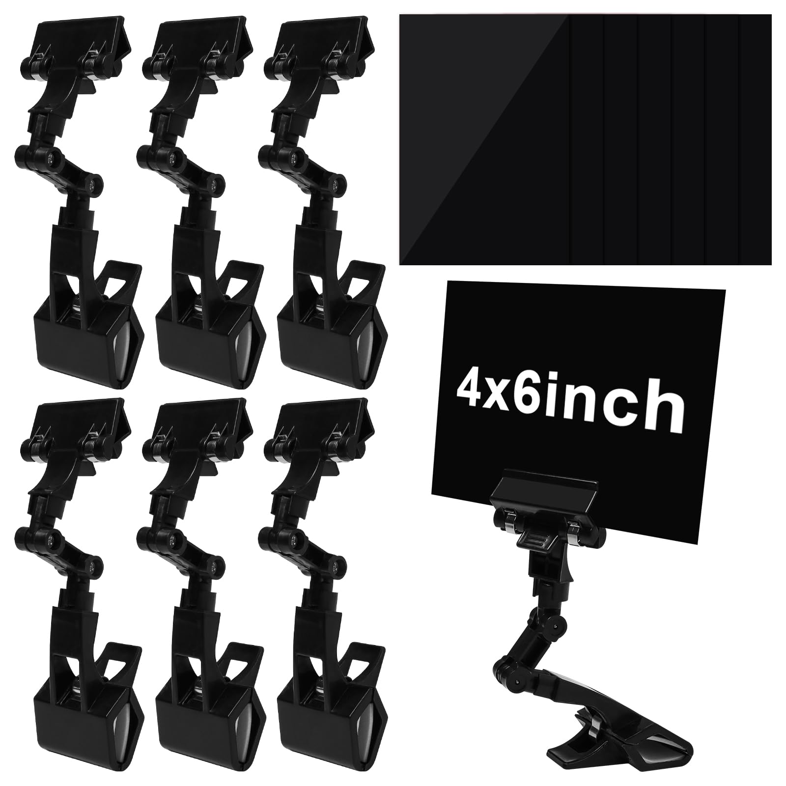 6 Sets Adjustable Clip On Sign Holder Erasable Rotating Sign Price Tag Holder Clips Double Head Business Store Sign Display Holders Clips with Small Blackboard for Business Store Office