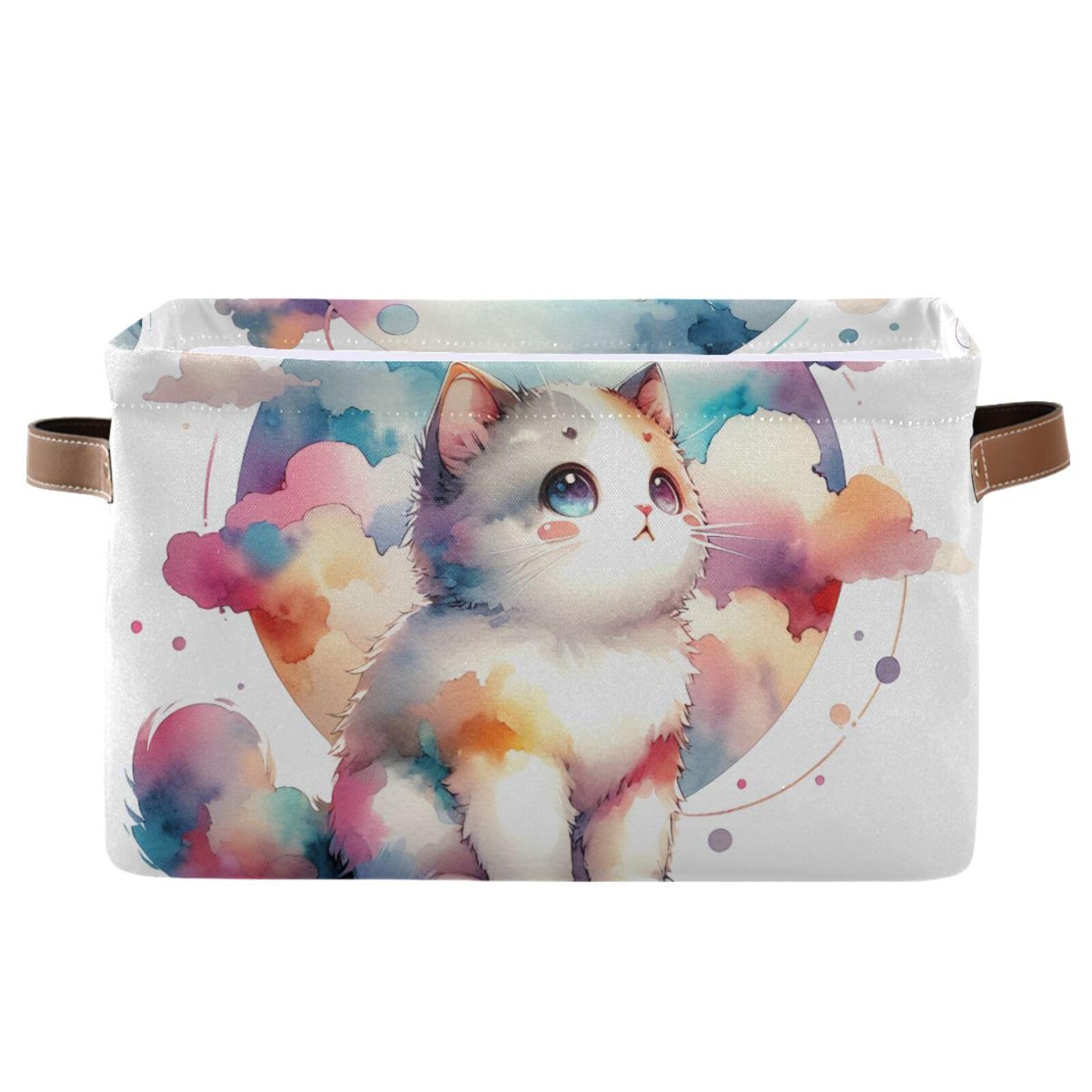 PaChyLuu Rainbow Cat Storage Basket Bin Canvas Fabric Organizer Toys Basket with Handles for Home Office Nursery, Clothes, Gifts, 1 Pcs