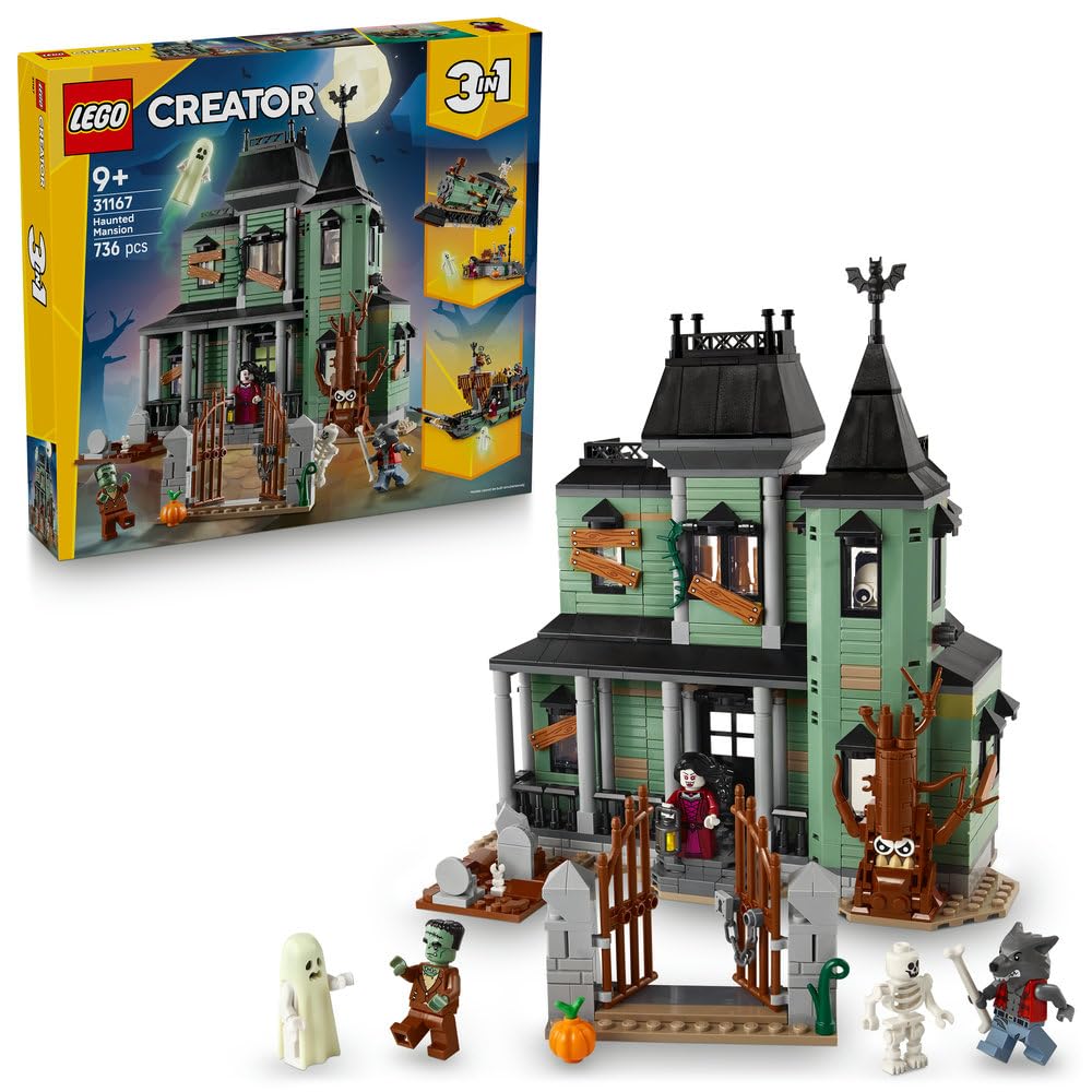 LEGO Creator 3 w 1 Nawiedzona rezydencja 31167 | Zestaw klocków konstrukcyjnych, model domu do przebudowy na pociąg lub statek, prezent dla dzieci od 9 lat, 736 elementów