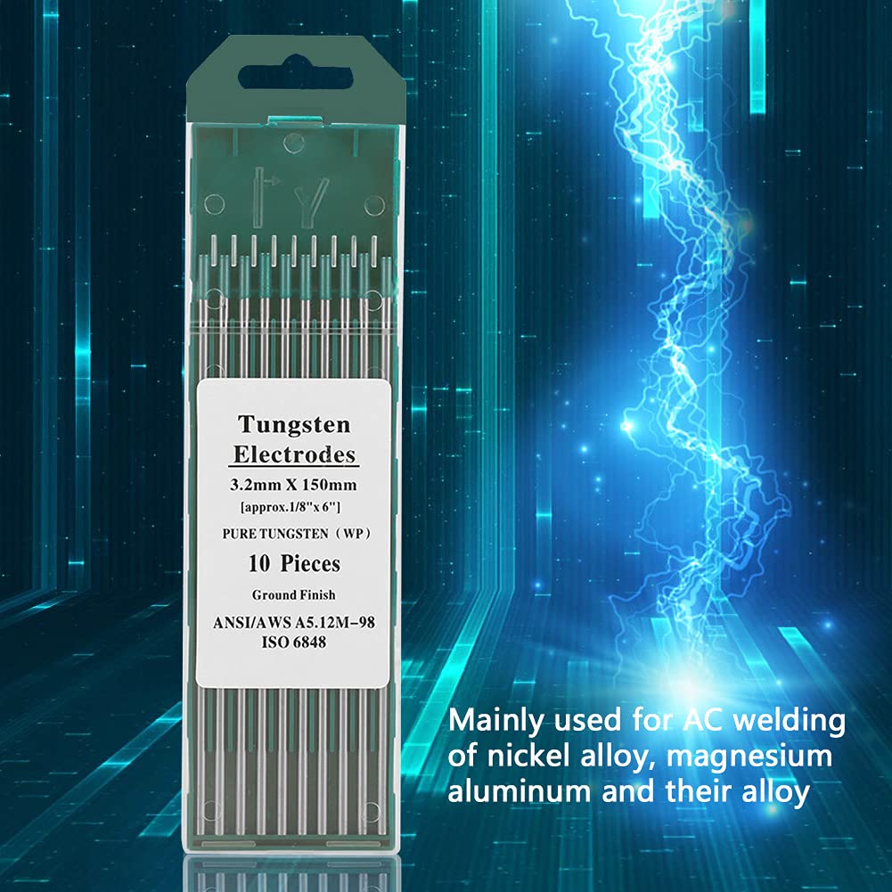 10 sztuk elektrod wolframowych do spawania TIG, 1,0 x 150 mm, czysty wolframowy WP, zielona końcówka, 250-400 A, do spawania AC-TIG ze stopu niklu, magnezu i aluminium