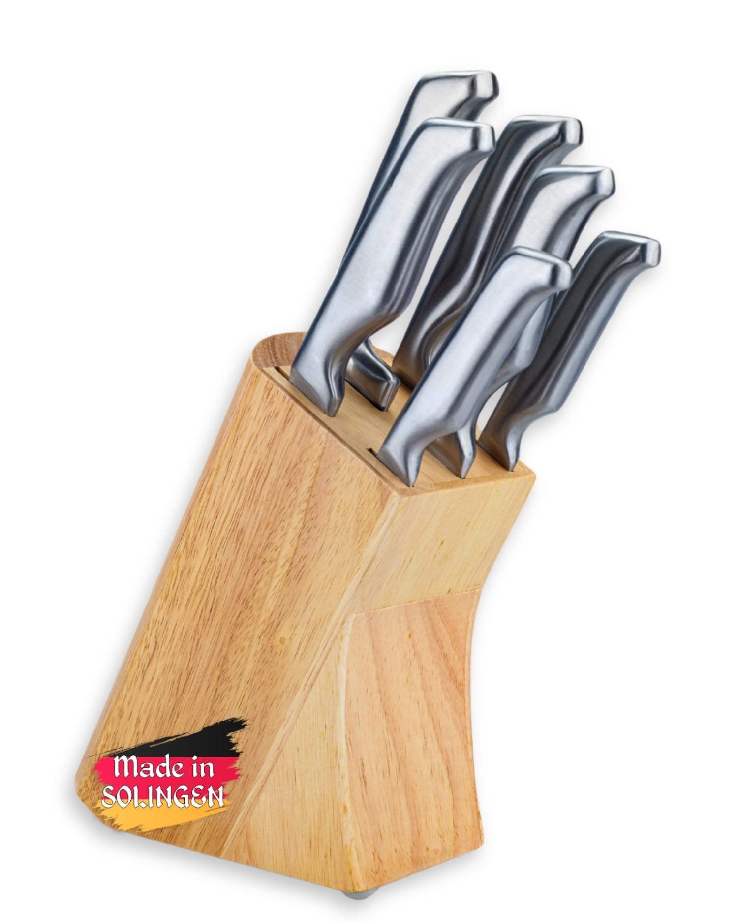 GGS Solingen Küchenmesser Set 7-teilig mit Holz-Messerblock – Edelstahl Messerset, Kochmesser Brotmesser Set, eisgehärtet, handgeschärft, rostfrei, komplettes Messerset, Geschenkset, Made in Germany