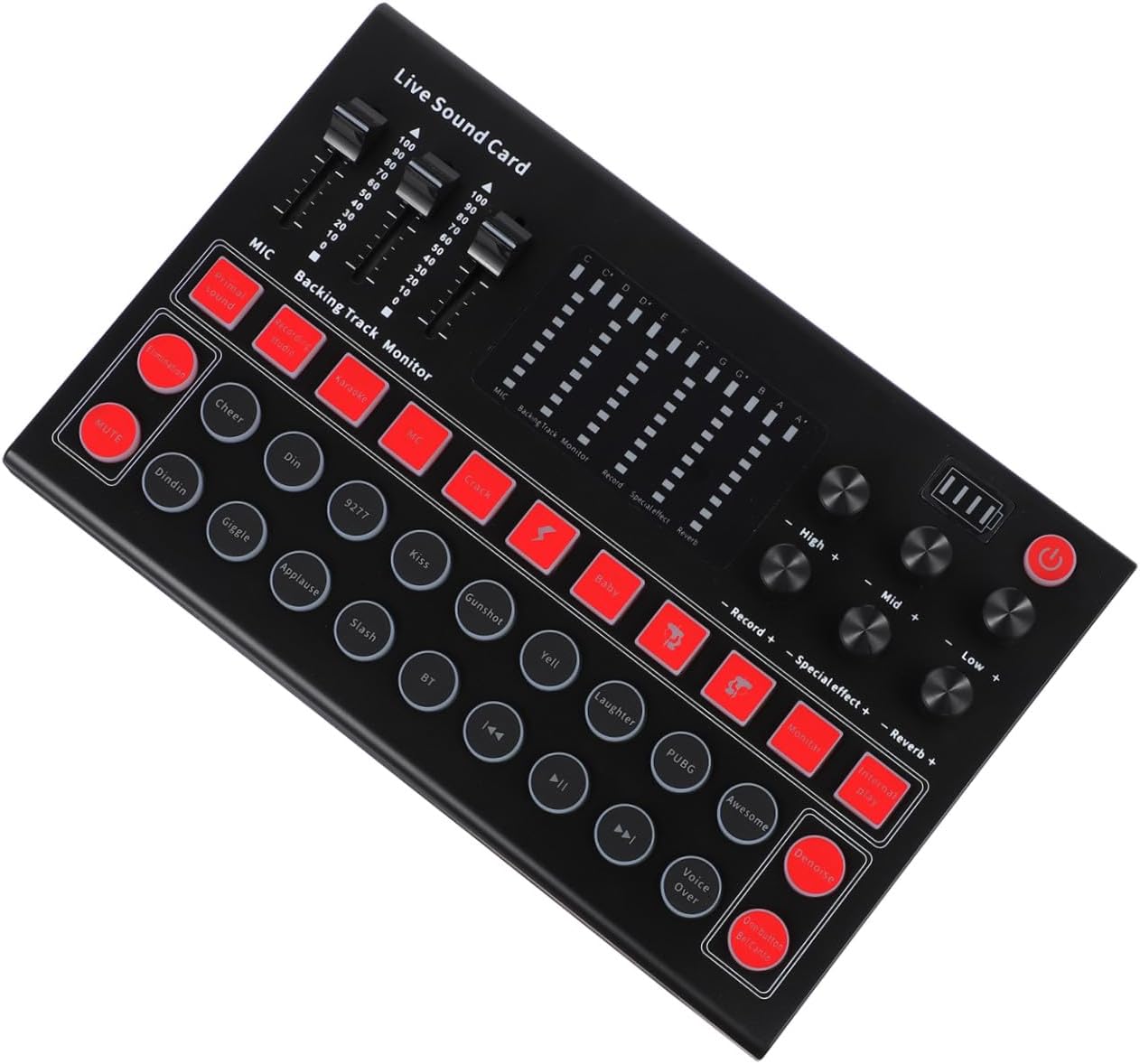 Mikinona Multi-functional External Sound Card with Voice Changer for Live Streaming Compatible with Computer Mobile Phone Gaming Devices Sound Mixer Board with Low Latency and LED Lights