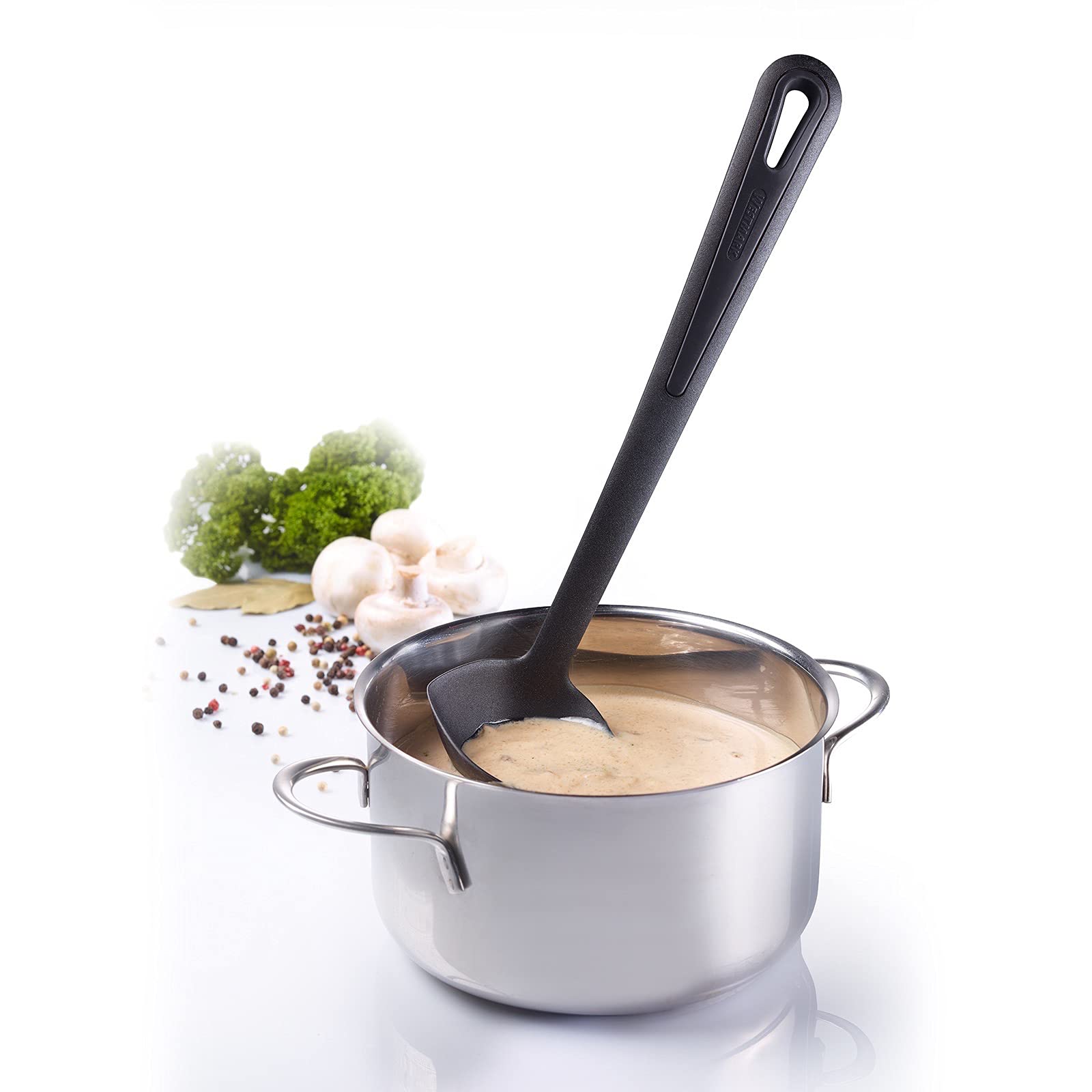 Westmark Service à Sauces, 2 pièces, 1 Saucière isotherme avec Couvercle Rabattable, 0,5 L + 1 Louche Gentle, Longueur : 29 cm, Acier inoxydable/ABS/PP/PA, Argenté/noir, 622422E6