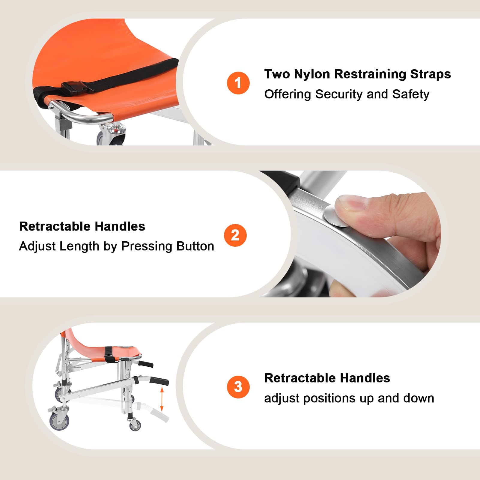 Chaise d'évacuation, chaise d'escalier en alliage d'aluminium, légère, pliable avec fermeture rapide, chaise d'évacuation pour ambulance pompier (orange)