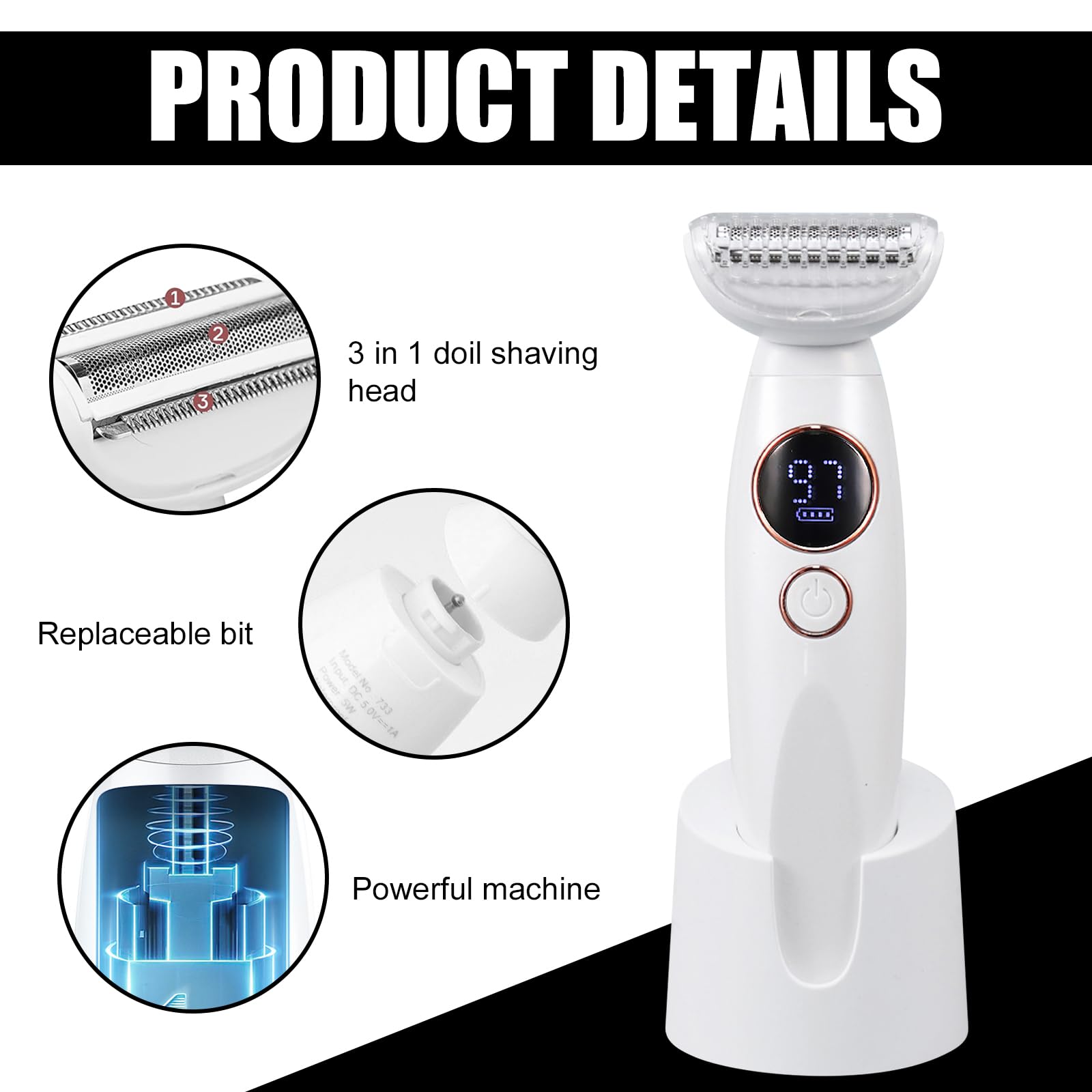 Rasoio elettrico da donna 5 in 1 rasoio intimo da donna IPX7 impermeabile per rasatura bagnata e asciutta, ricaricabile con USB, trimmer per zona bikini, ascelle, gambe e viso