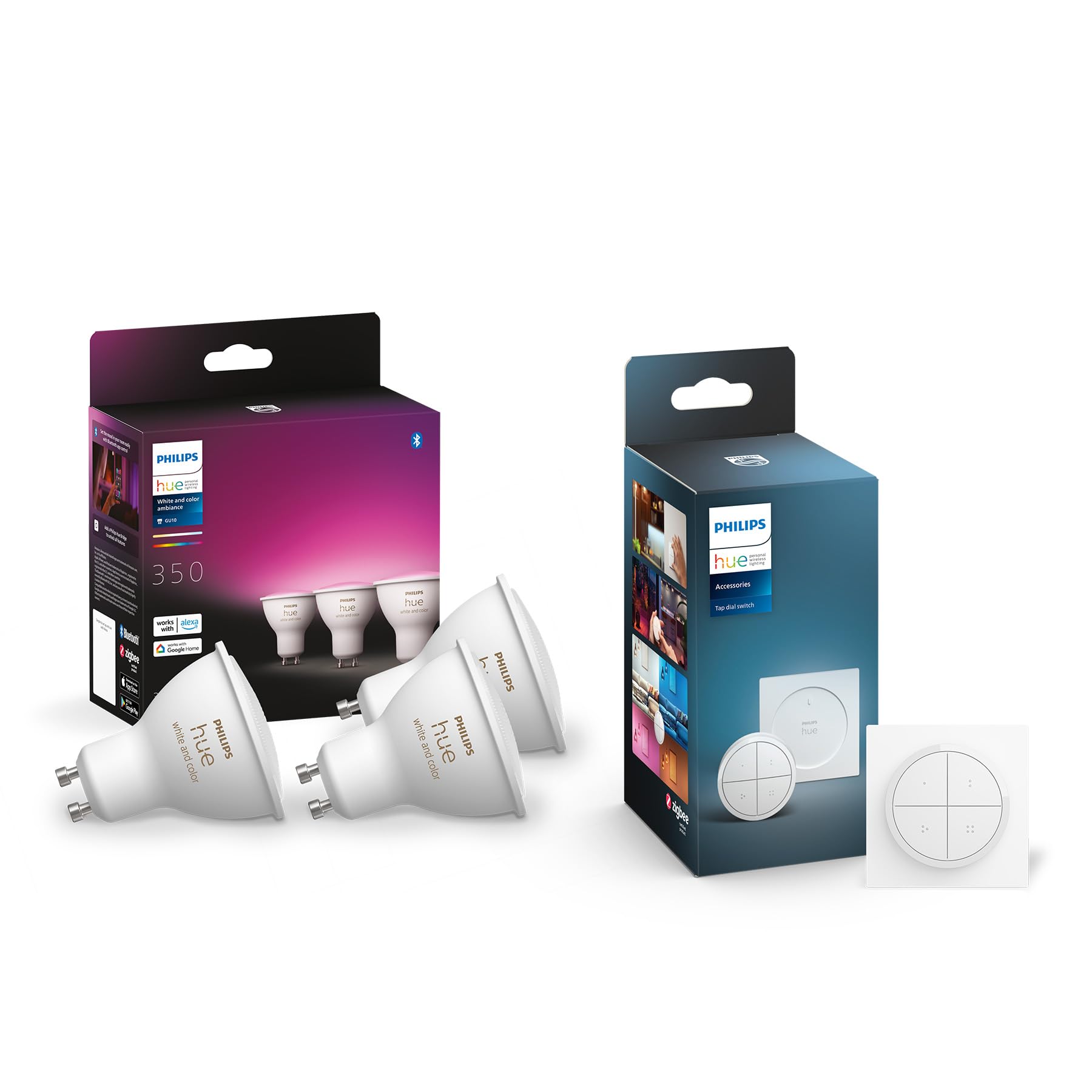 Philips Hue Philips Hue White & Color Ambiance GU10 3-er Pack inkl. Hue Tap Dial Schalter, 3x350lm, dimmbar, bis zu 16 Mio. Farben, steuerbar via App, kompatibel mit Amazon Alexa (Echo, Echo Dot)