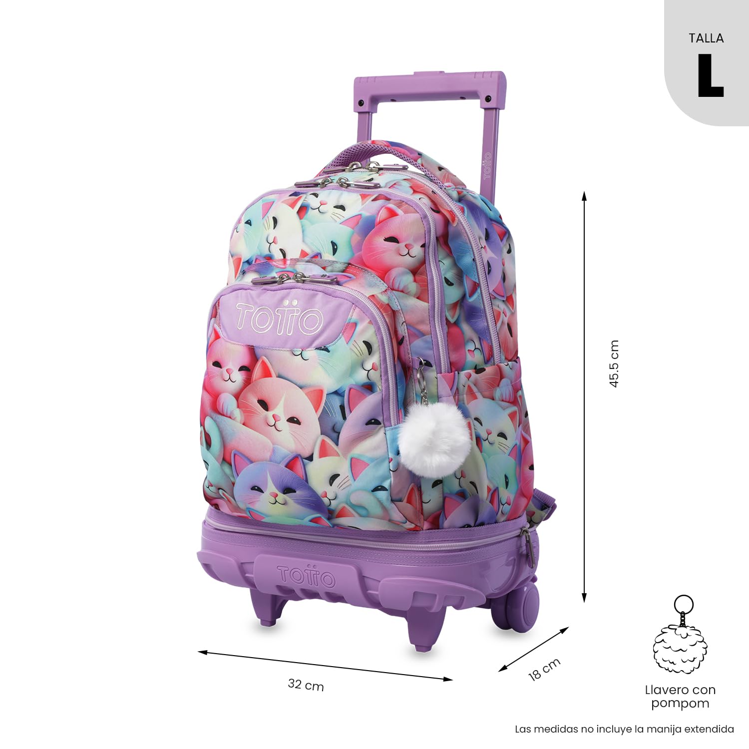 TOTTO - Mochila Escolar con Ruedas Desmontables, Modelo Tiza, Capacidad 26 L, Mochila PC 15.4", Bolsillo Botella, Manija Telescópica, Espaldar Ergonómico y Correas en S, Estampado Mewsy 3D