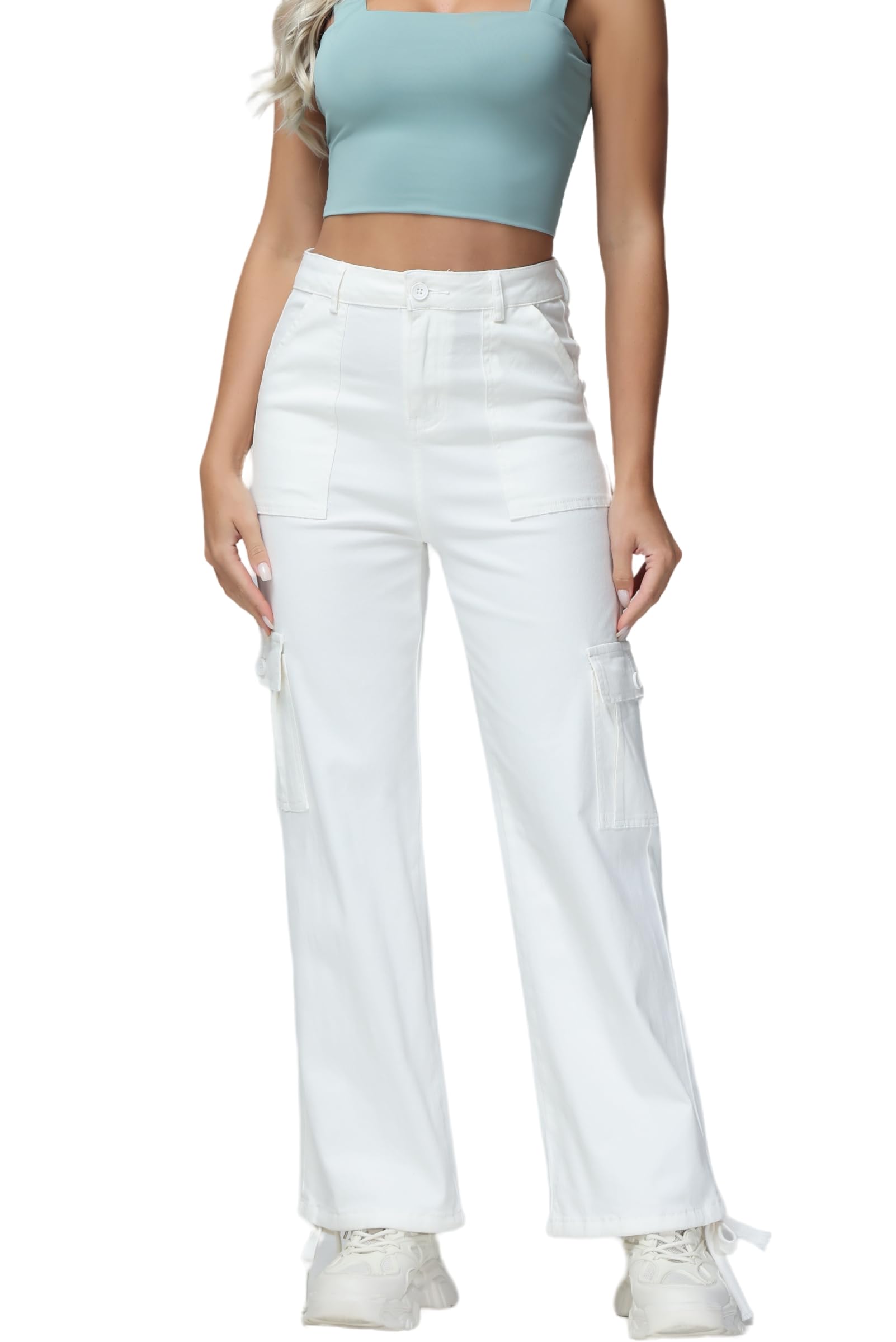 GUNLIRE Cargo Pants Women High Waist Baggy with 6 Pockets Y2K Wide Leg Stretch Straight Fit Elastic Slacks
