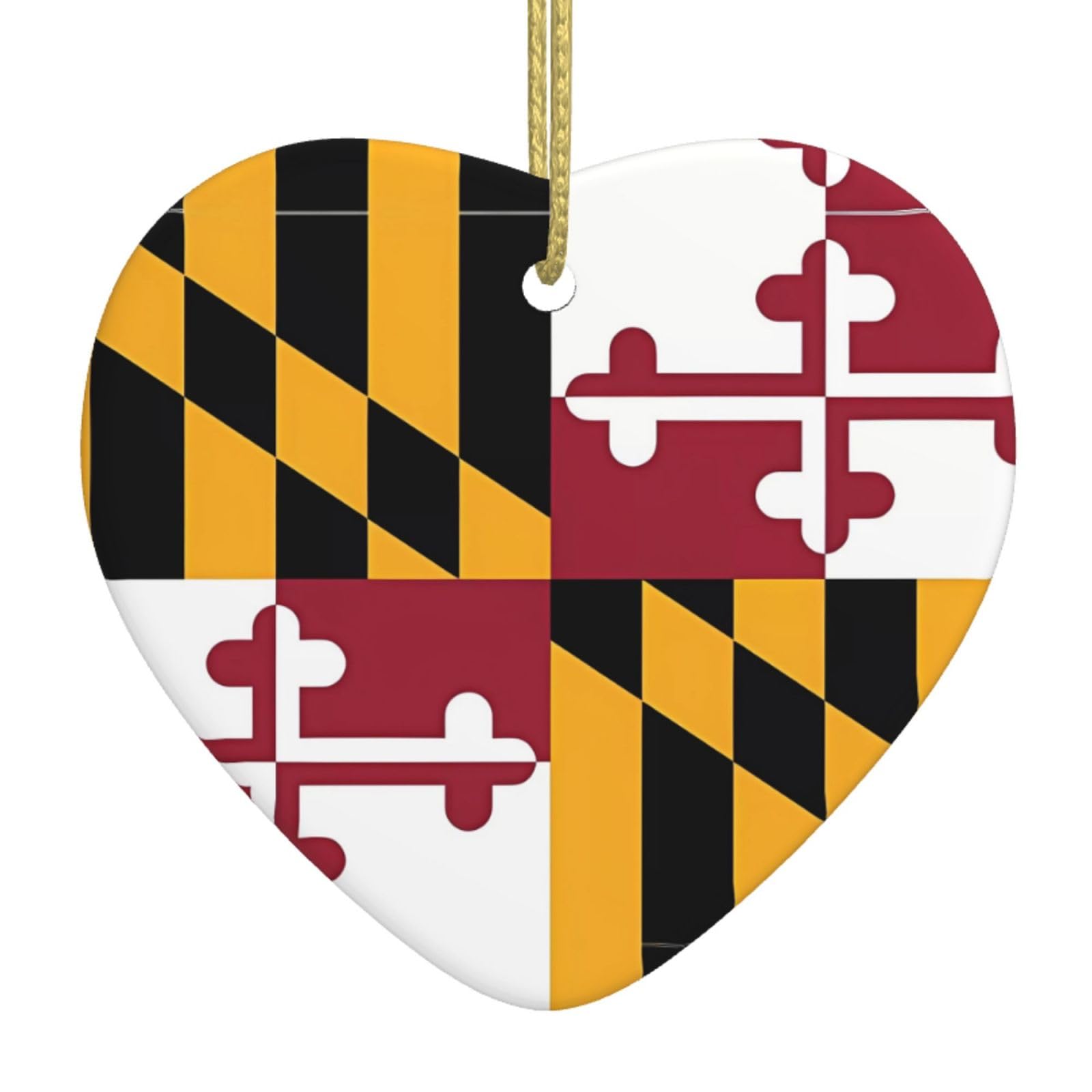 Flag of Maryland Ceramic Christmas Heart Pendant with Silk Thread, Christmas Tree Home Decoration