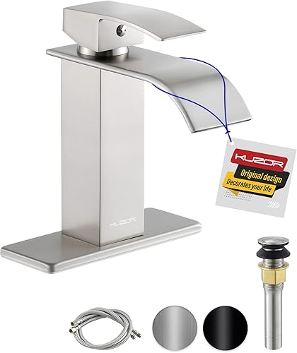 KUZOR Grifo de baño de latón macizo en cascada, 1 o 3 agujeros, mango único de 4 pulgadas, grifo de lavabo de baño negro mate con drenaje