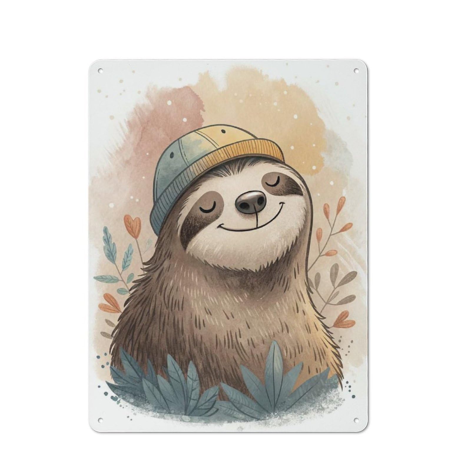 Junmoney Style-12 Cute Sloth Wearing A Beanie Country Metal Wall Decor 40X30cm, Decorative Tin Sign For Farmhouse Kitchen, Pantry Or Dining Area
