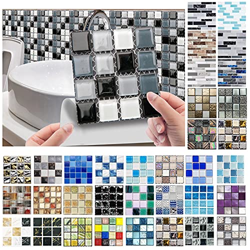 10 Pcs Decorative Tile Stickers Set, Arkutor Self-Adhesive Crystal Wall Tile Stickers,Waterproof Oil Proof Durable Removable Backsplash for Kitchen Bathroom Furniture Staircase Home,4x4 inch