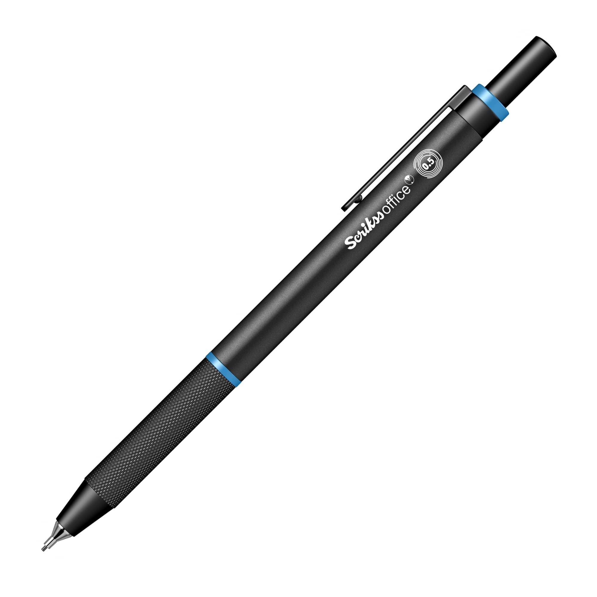 Scrikss Ołówek do długopisu mechanicznego sprzęgła 0,5 mm, czarny aluminiowy korpus, mechanizm zatrzaskowy, seria Twist | niebieski akcent | w zestawie gumka