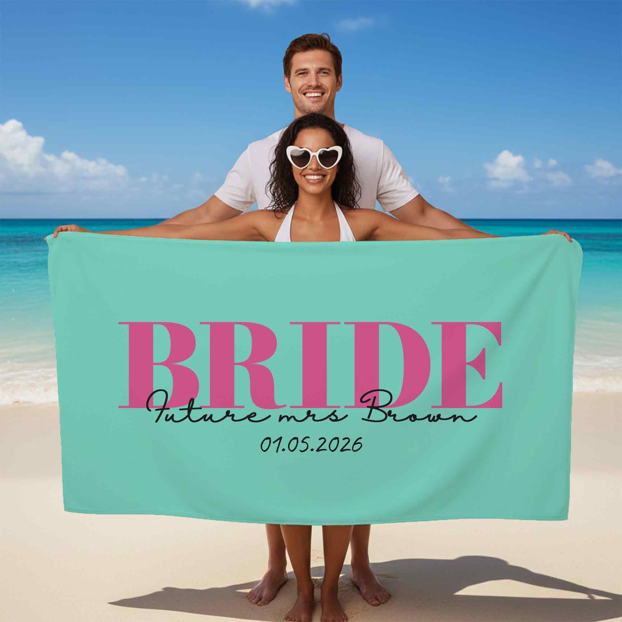 Print Maniacs Custom Bride Towel Personalised Name and Text Beach Towel Microfibre Large Quick Dry Lightweight Travel Towel Hen Party Honeymoon Wedding Gift