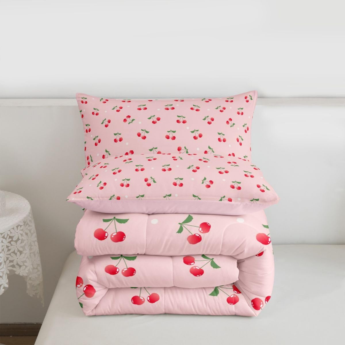 Feelyou Girls Cherry Comforter Set Cute Fruit Bedding Set Women Pink Kawaii White Dots Decor Comforter Lovely Sweet Fresh Quilt Room 3Pcs Queen Size Boys