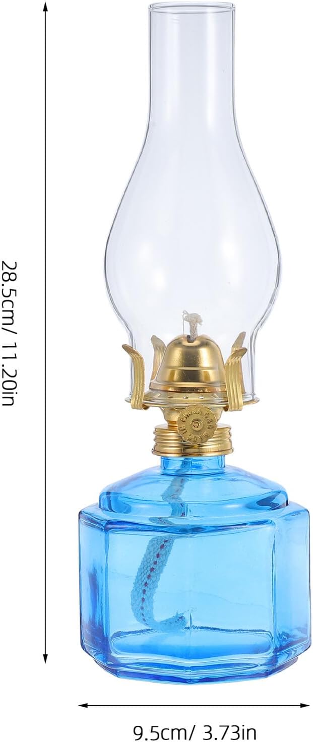 Blue Glass Oil Lamp Kerosene Lantern Mini Hurricane Lamp Windproof Design Indoor and Outdoor Emergency Lighting Rustic Vintage Style